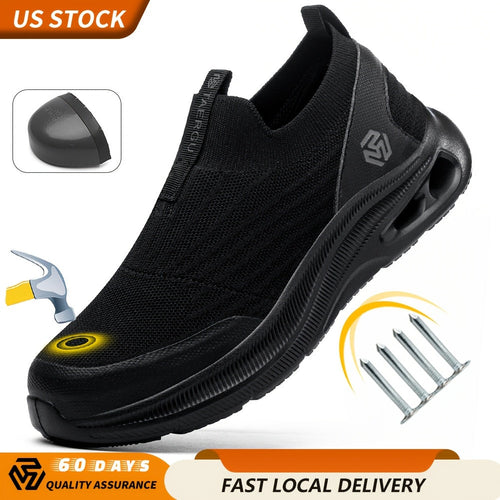 Steel Toe Work Shoes for Men Slip-On Lightweight Safety Sneakers Puncture-Resistant Non-Slip Loafers Black Grey Blue Sizes US 5.5-14