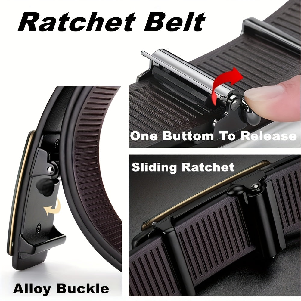Men's Automatic Ratchet Buckle Belt - Black Adjustable Sliding Belt for Business Dress & Jeans, Durable Comfortable No-Holes Belt with Micro-Adjustable Buckle, Perfect Gift for Dad & Husband