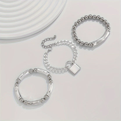 3pcs 925 Sterling Silver Beaded Punk Bracelet Set with Lock Pendant – Exquisite Stackable Edgy Silver Wrist Jewelry for Women Men Teens, Party Festival Daily Wear Gift