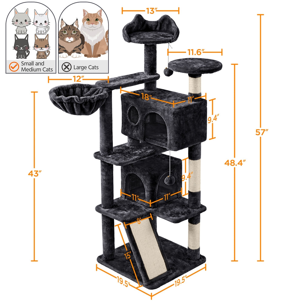 57-Inch Multilevel Cat Tree Tower with 2 Condos – Sisal Scratching Posts, Dangling Ball, Round Platform & Ladder for Indoor Kittens & Small Cats, 6 Colors, Christmas Gift for Cat Lovers