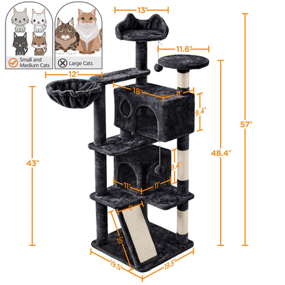 57-Inch Multilevel Cat Tree Tower with 2 Condos – Sisal Scratching Posts, Dangling Ball, Round Platform & Ladder for Indoor Kittens & Small Cats, 6 Colors, Christmas Gift for Cat Lovers