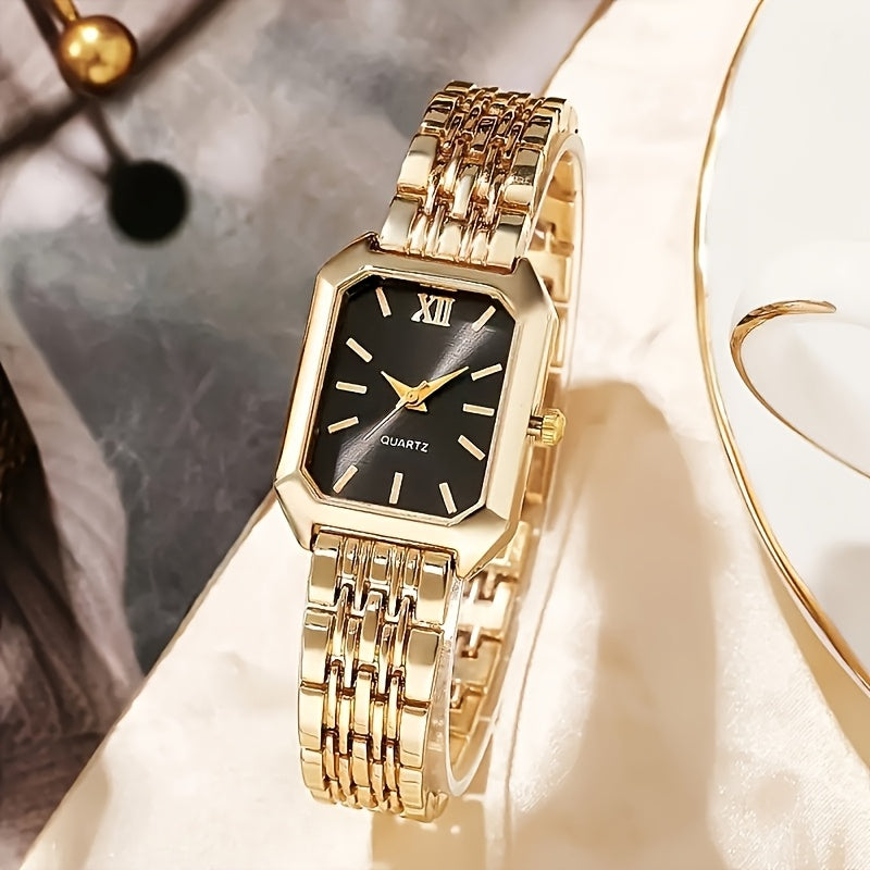 Women's Elegant Golden Tone Watch Set of 2 Stainless Steel Quartz Analog Wristwatch Rectangular Dial Round Case for Casual Dressy Special Occasions Gift for Her
