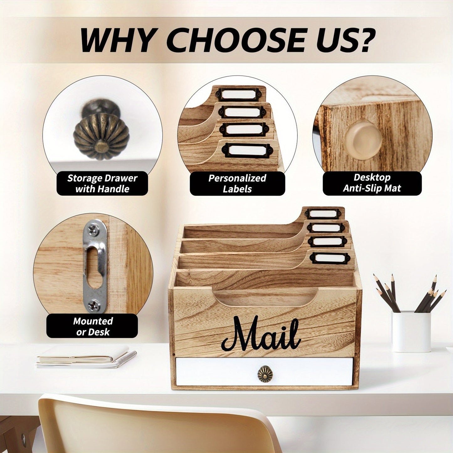 Large Solid Wood Desktop Mail Organizer with Drawer and 4 Compartments Labelable Dividers for Files Letters Paper Folders Desk Organizer for Home Office Students and Professionals
