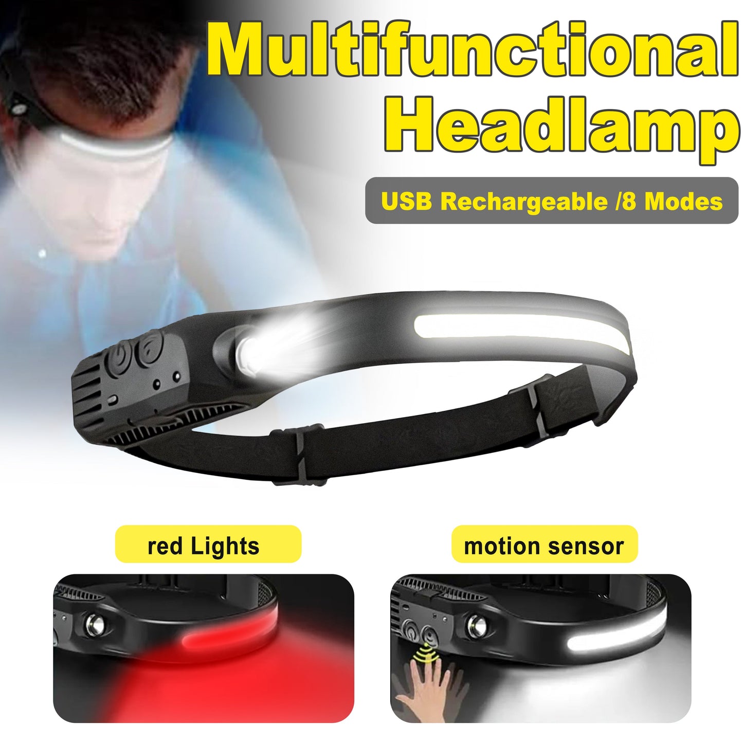 4 Pack USB Rechargeable LED Headlamp Ultra Bright Hands-Free with Adjustable Headband, Built-in 1200mAh Lithium Battery, Multi-Mode Emergency Work Light for Camping Hiking Running Fishing Repairing