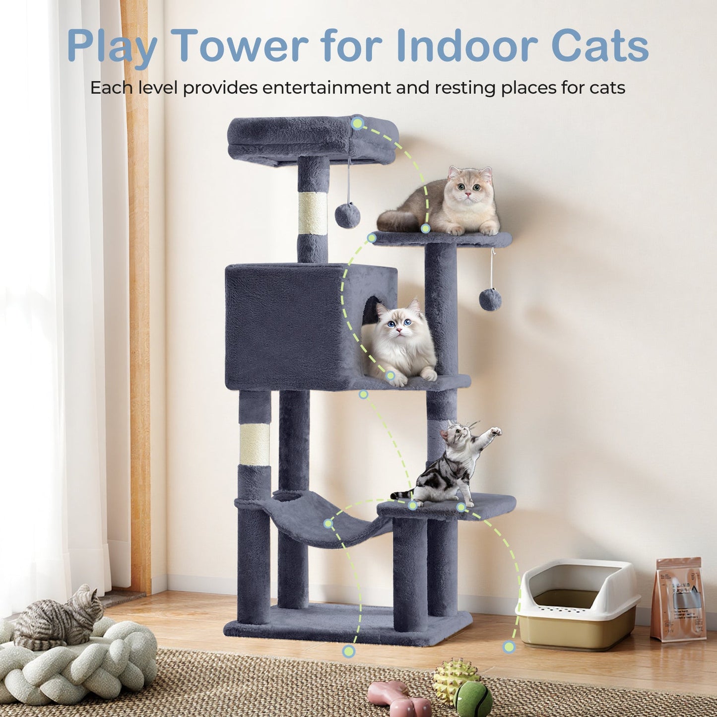 44-Inch Cat Tree Tower for Indoor Cats with Condo, Hammock & Natural Sisal Scratching Posts – Multi-Level Cat Furniture with Perches & Pet House for Multiple Cats, 5 Colors