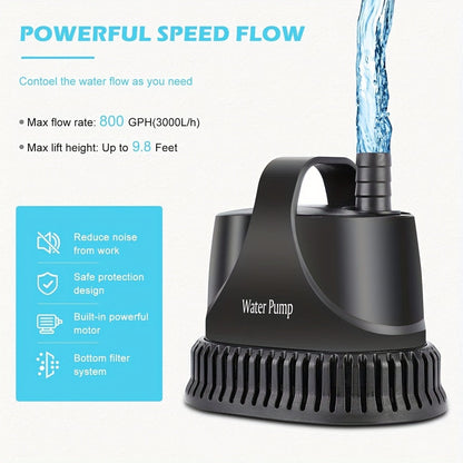 800GPH Submersible Water Pump 40W Fountain Pump with 7Ft Power Cord and Filter Bag for Aquarium Fish Tank Pond Waterfall Hydroponics Water Table Sump Pump