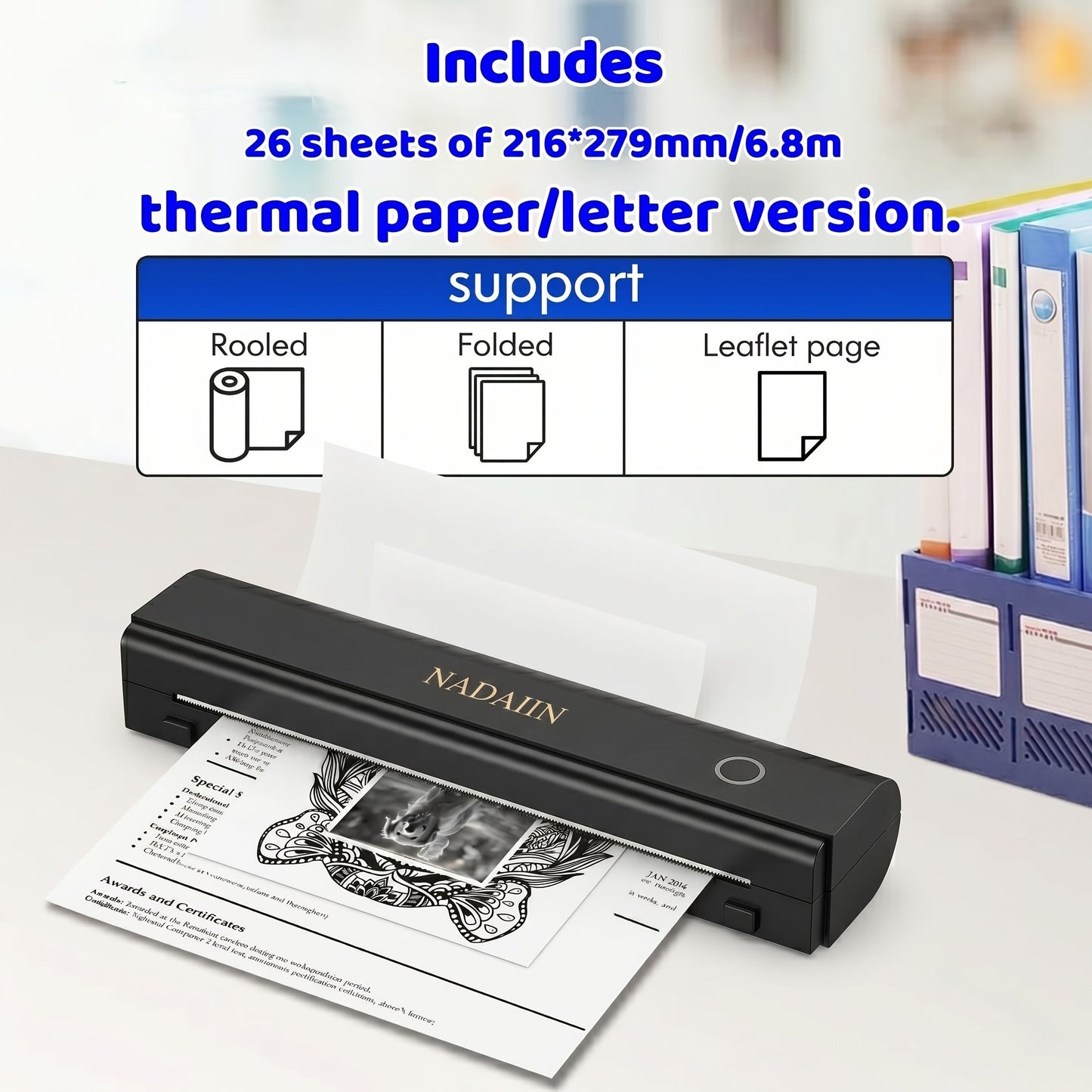 Portable Inkless Thermal Printer A4 with Paper Tray Wireless Mobile Printer Supports 8.5x11 Letter A4 Paper Compatible with iPhone Android Laptop Home Office School Travel