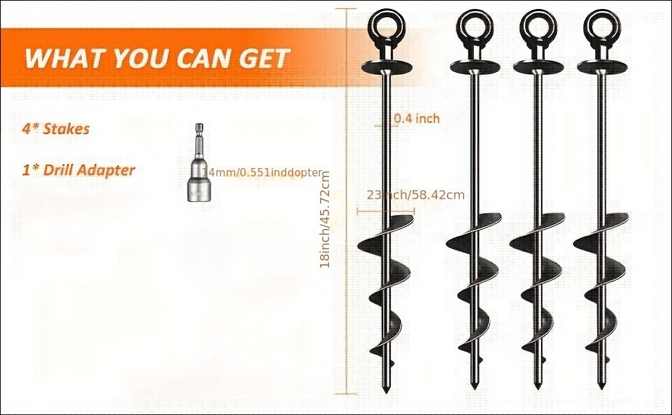18 Inch Heavy-Duty Spiral Ground Anchors Carbon Steel – 4 or 6 Pack Screw-In Earth Auger Stakes for Tent, Trampoline, Dog Tie-Out, Garden & Outdoor Camping Secure Anchoring