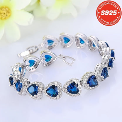 S925 Sterling Silver Blue Heart-Shaped Full Moissanite Bracelet for Women – Elegant Luxury Style, Perfect Gift for Sisters, Mothers, Anniversary, Valentine's Day & Christmas