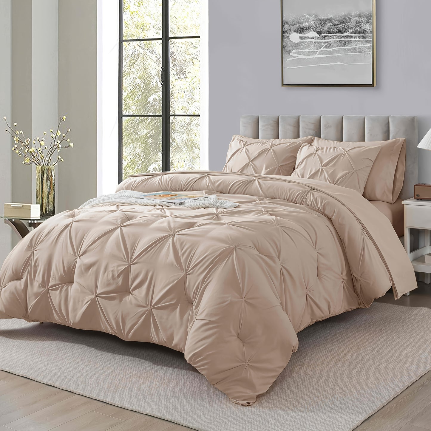 Comforter Set 7 Piece Queen King Full - Soft Microfiber Pintuck Pleated Bed in a Bag Complete Bedding Set with Comforter, Fitted Sheet, Flat Sheet & Pillowcases, All Season Home & Dorm Bedding