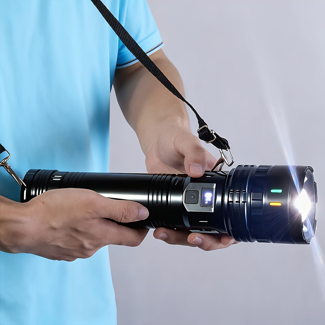 Rechargeable LED Tactical Flashlight 1500 Lumens with Adjustable Zoom, Shoulder Strap, 4 Modes for Camping, Hunting, Farm Inspection & Emergency Outdoor Use