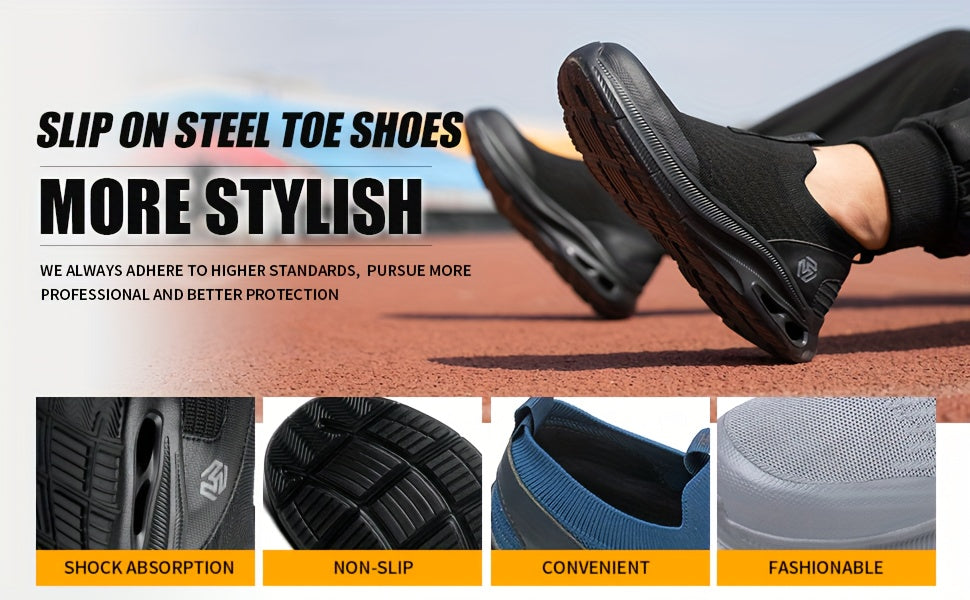 Steel Toe Work Shoes for Men Slip-On Lightweight Safety Sneakers Puncture-Resistant Non-Slip Loafers Black Grey Blue Sizes US 5.5-14
