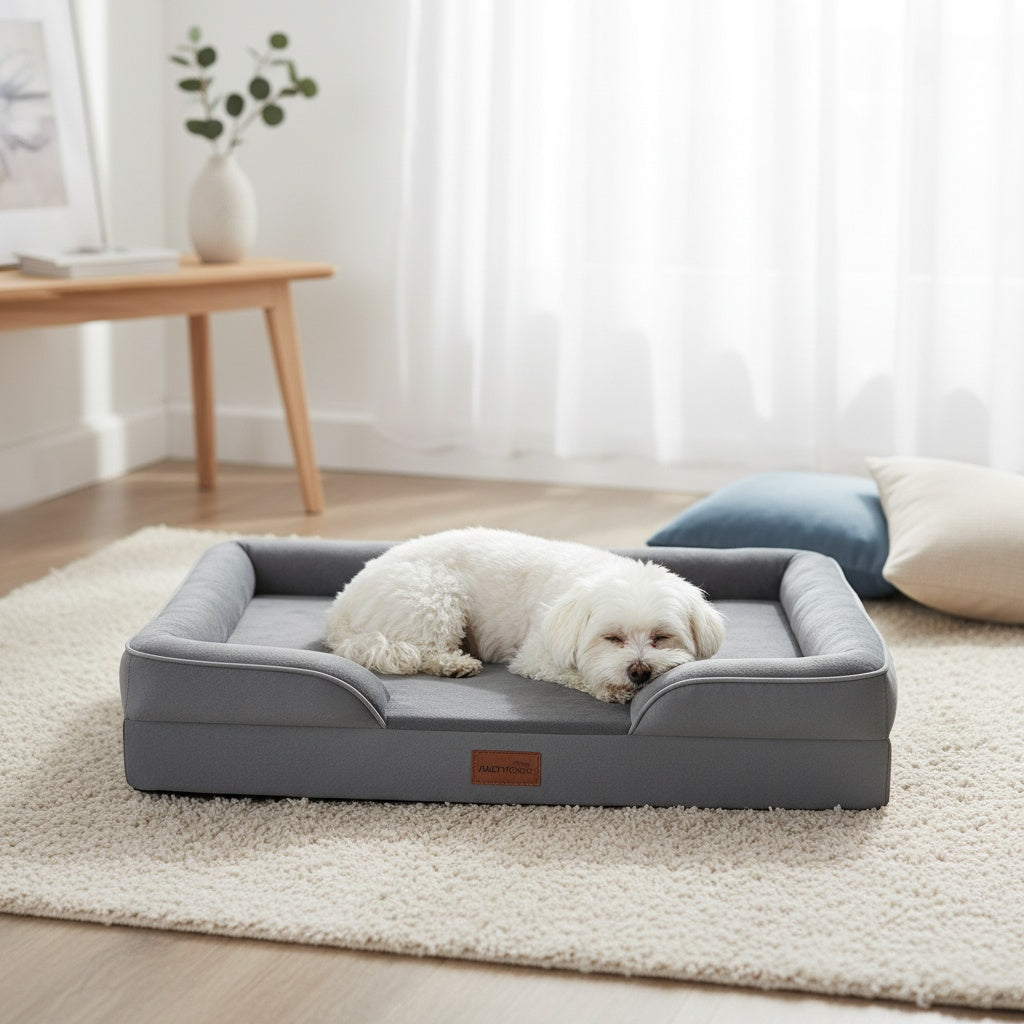 Extra Large Dog Sofa Bed 100% Supportive Foam 4-Sided Bolster Removable Washable Cover Non-Skid Bottom Joint Support Soft Warm Pet Couch Bed Grey M L XL XXL All Breeds