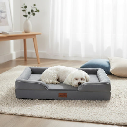 Extra Large Dog Sofa Bed 100% Supportive Foam 4-Sided Bolster Removable Washable Cover Non-Skid Bottom Joint Support Soft Warm Pet Couch Bed Grey M L XL XXL All Breeds
