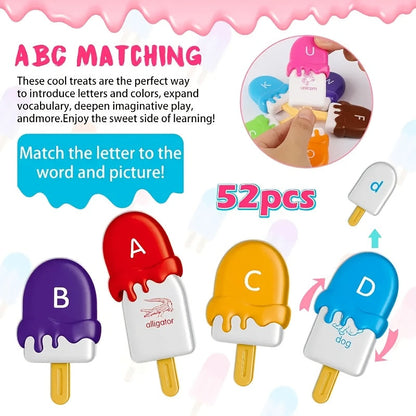 Ice Cream Preschool Learning Toy Set 52 Pieces Counting Color Sorting Stacking ABC Letters Uppercase and Lowercase Montessori Educational Toy for Toddlers Ages 3 and Up Birthday Gift