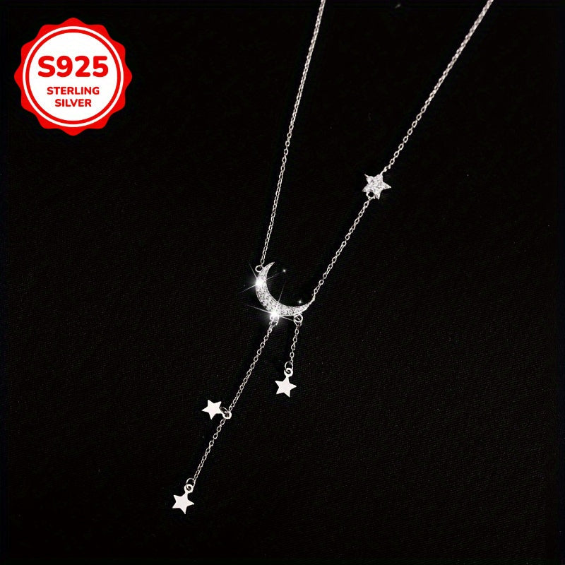 S925 Sterling Silver Boho Moon & Star Tassel Pendant Necklace for Women – Celestial Hypoallergenic Jewelry, Cute Dainty Necklace for Daily Wear, Mother's Day, Birthday & Gift