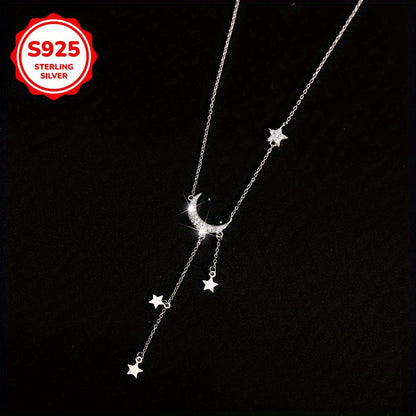 S925 Sterling Silver Boho Moon & Star Tassel Pendant Necklace for Women – Celestial Hypoallergenic Jewelry, Cute Dainty Necklace for Daily Wear, Mother's Day, Birthday & Gift