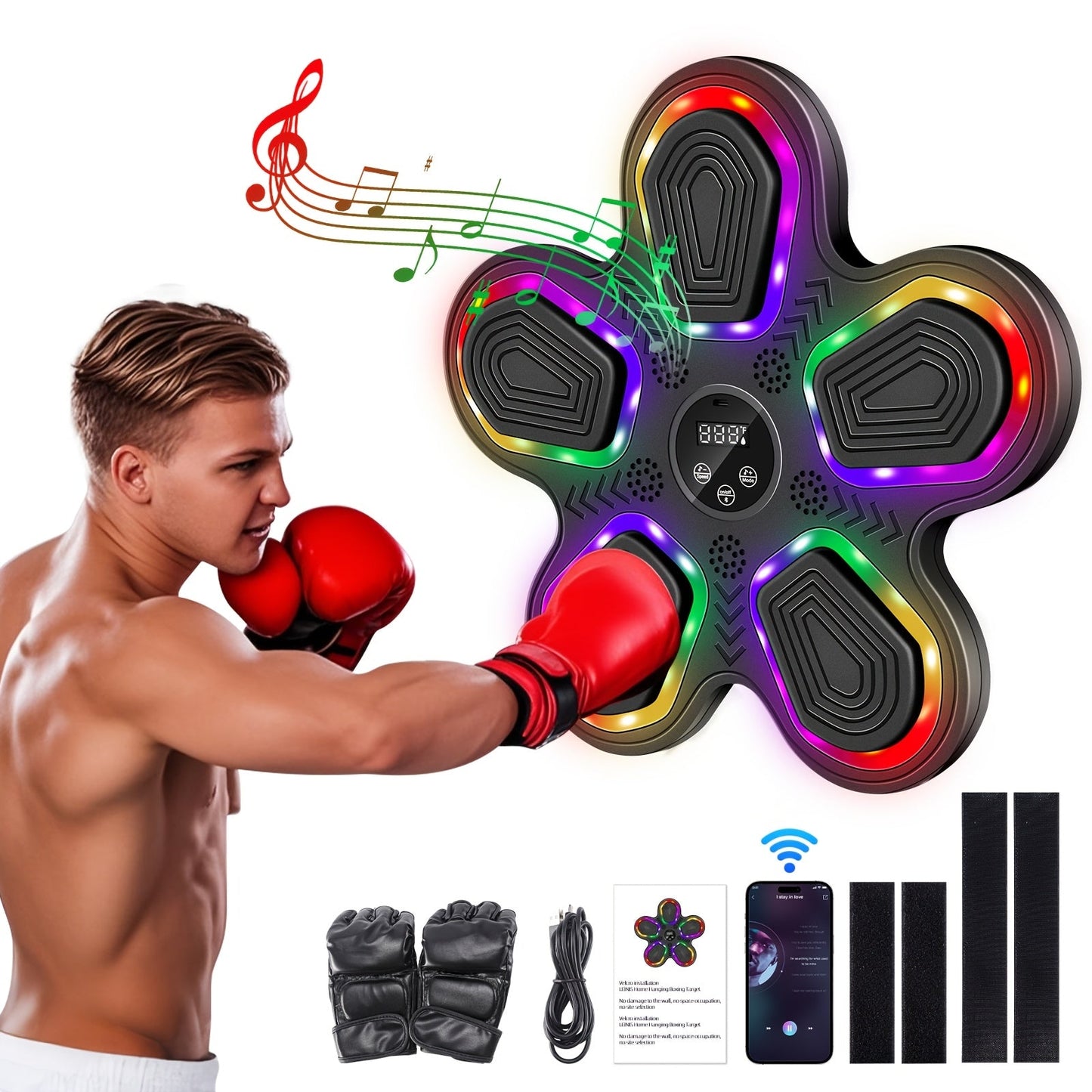Smart Music Boxing Machine with Gloves – Wall Mount, LED Rhythm Lighting, Bluetooth, 9 Speed Modes, Intelligent LED Strike Counter, Home Gym Fitness Gift for Adults & Teens