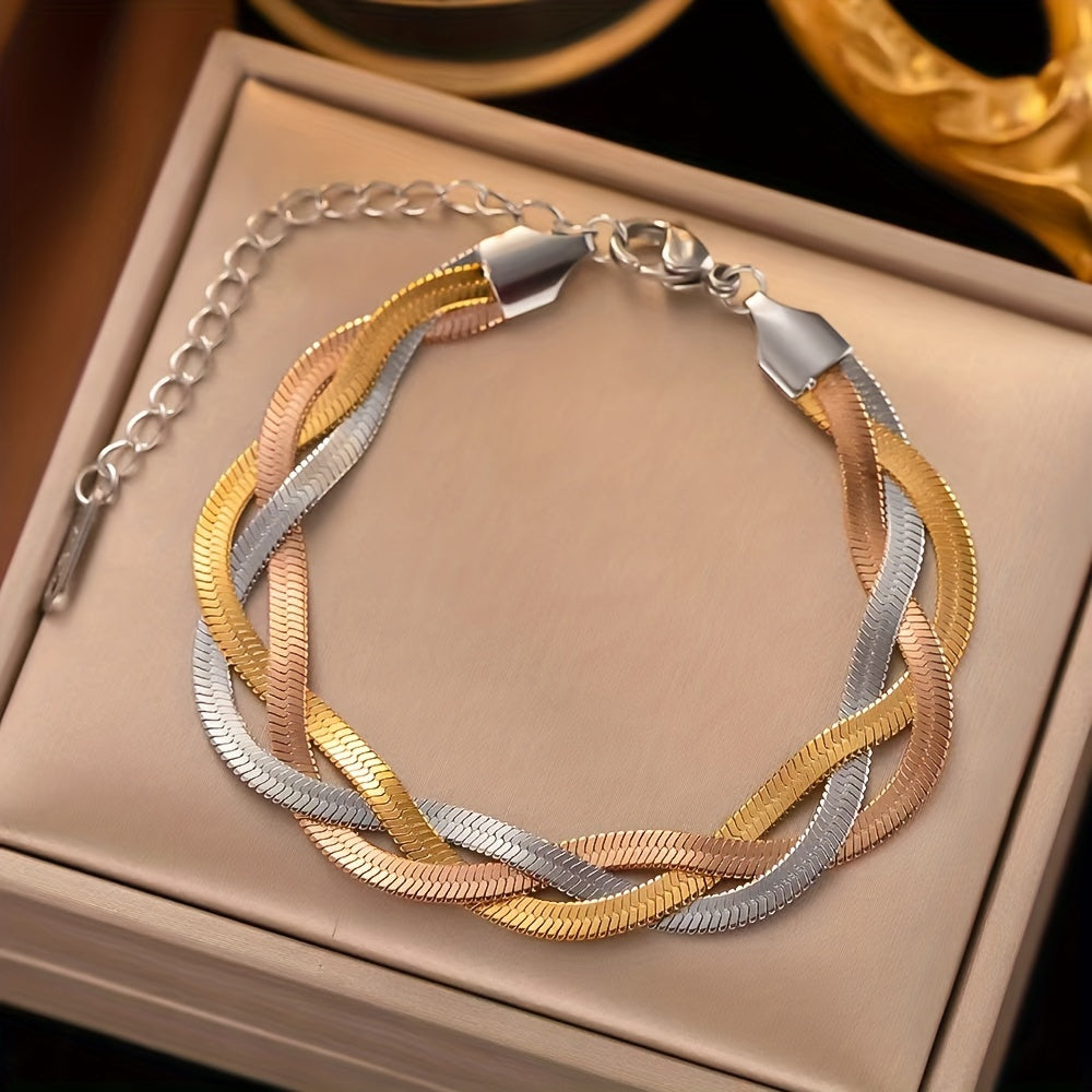 2-Piece Gold Stainless Steel Necklace & Bracelet Set for Women – Gold-Plated Tri-Color Hand-Woven Design, French Minimalist Retro Style for Daily Wear, Commute, Holiday & Party