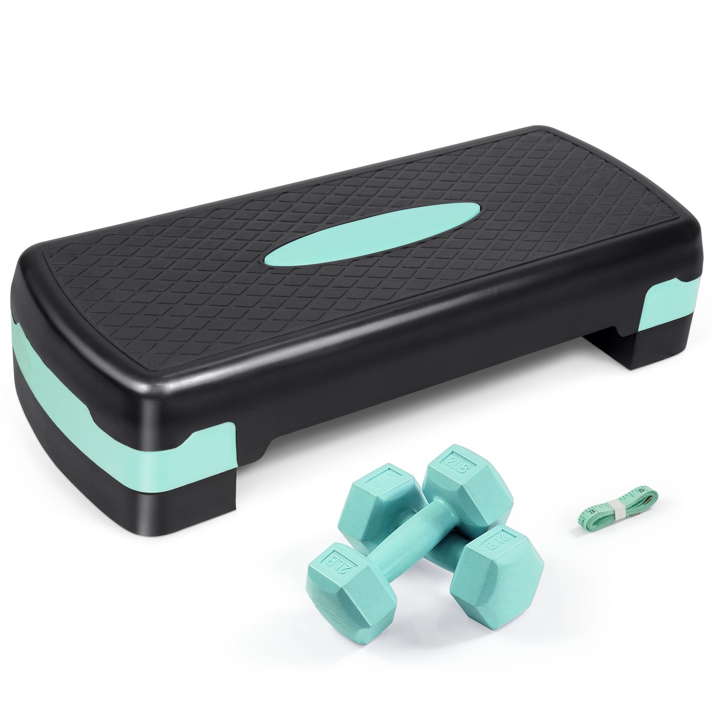Adjustable Height Aerobic Stepper Set with 2 Dumbbells & Measuring Tape – Home Workout Exercise Step Platform with Level Risers, Non-Slip, 550 LB Capacity, 3 Colors Blue Green Pink