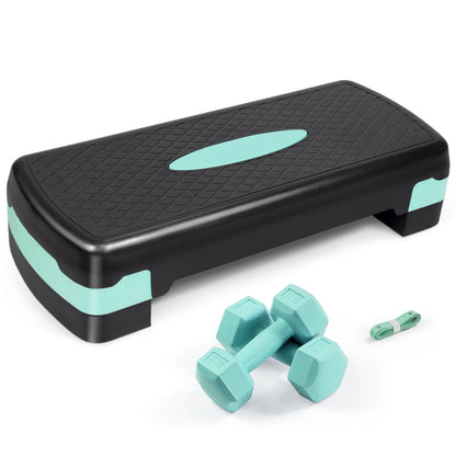 Adjustable Height Aerobic Stepper Set with 2 Dumbbells & Measuring Tape – Home Workout Exercise Step Platform with Level Risers, Non-Slip, 550 LB Capacity, 3 Colors Blue Green Pink
