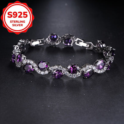 S925 Sterling Silver Purple Oval CZ Chain Bracelet for Women – Sparkling Cubic Zirconia Luxury Bracelet, Elegant Birthday & Anniversary Jewelry Gift