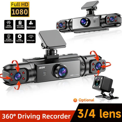 360° Panoramic Dash Cam 3/4 Lens 1080P HD with Quad-Split Screen, HD Night Vision, WDR & G-Sensor – Full Coverage Front, Rear, Left & Right Loop Recording – Rideshare & Fleet Ready – Velora