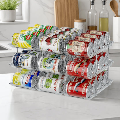 Pantry Can Organizer Rack 3-Tier Stackable – Holds 36 Cans, Auto-Rolling Transparent PET Can Storage Rack for Kitchen Pantry, Garage, Dorm & Closet, Tool-Free Assembly, Fits Soda Soup Vegetable Cans