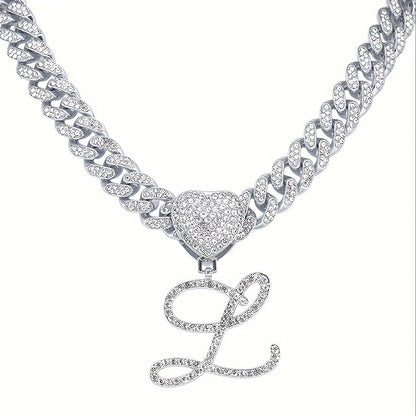 Initial Letter Necklace for Men & Women – Personalized A-Z Silver Cuban Chain with Heart Pendant, Hip Hop Style, 45cm / 17.71in, Perfect Gift for Sports Fans, Birthdays & Everyday Wear