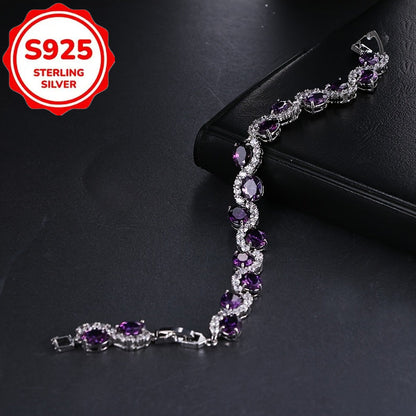 S925 Sterling Silver Purple Oval CZ Chain Bracelet for Women – Sparkling Cubic Zirconia Luxury Bracelet, Elegant Birthday & Anniversary Jewelry Gift