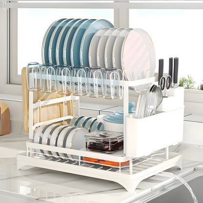 Two-Tier Dish Drying Rack with Drainboard – Metal Kitchen Dish Drainer for Counter, 2-Level Dish Holder for Plates, Cups, Bowls & Utensils, Black Gray White, Standard & Plus Size