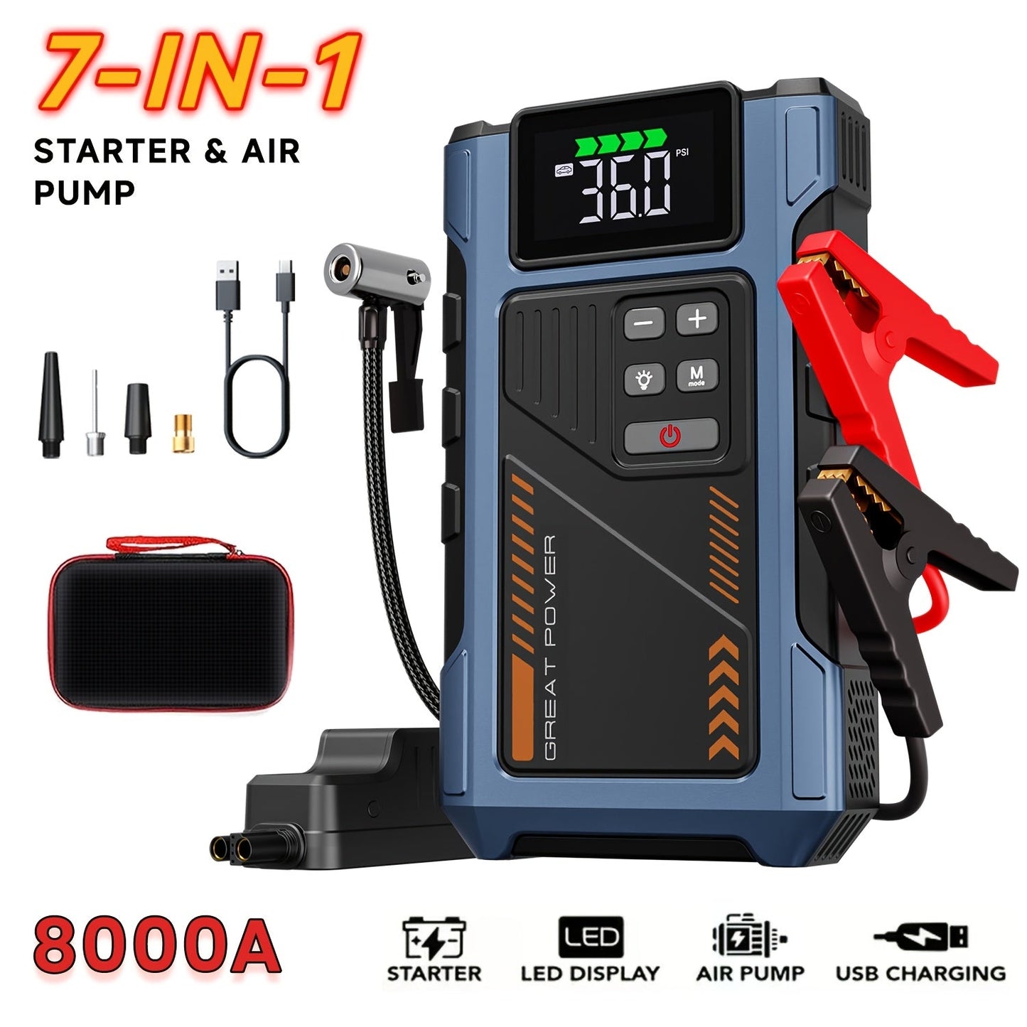 8000A Portable Jump Starter with Air Compressor – 12V Battery Booster for 8.0L Gas & 6.5L Diesel, USB Ports, LED Flashlight, Jump Box for Cars, Trucks & SUVs