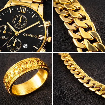 Men's Luxury Mechanical Watch & Jewelry Gift Set 4pcs – Vintage Electroplated Alloy Bracelet, Necklace & Ring, Elegant Business Casual Accessory Set for Christmas, Valentine's Day & Holiday Gifts