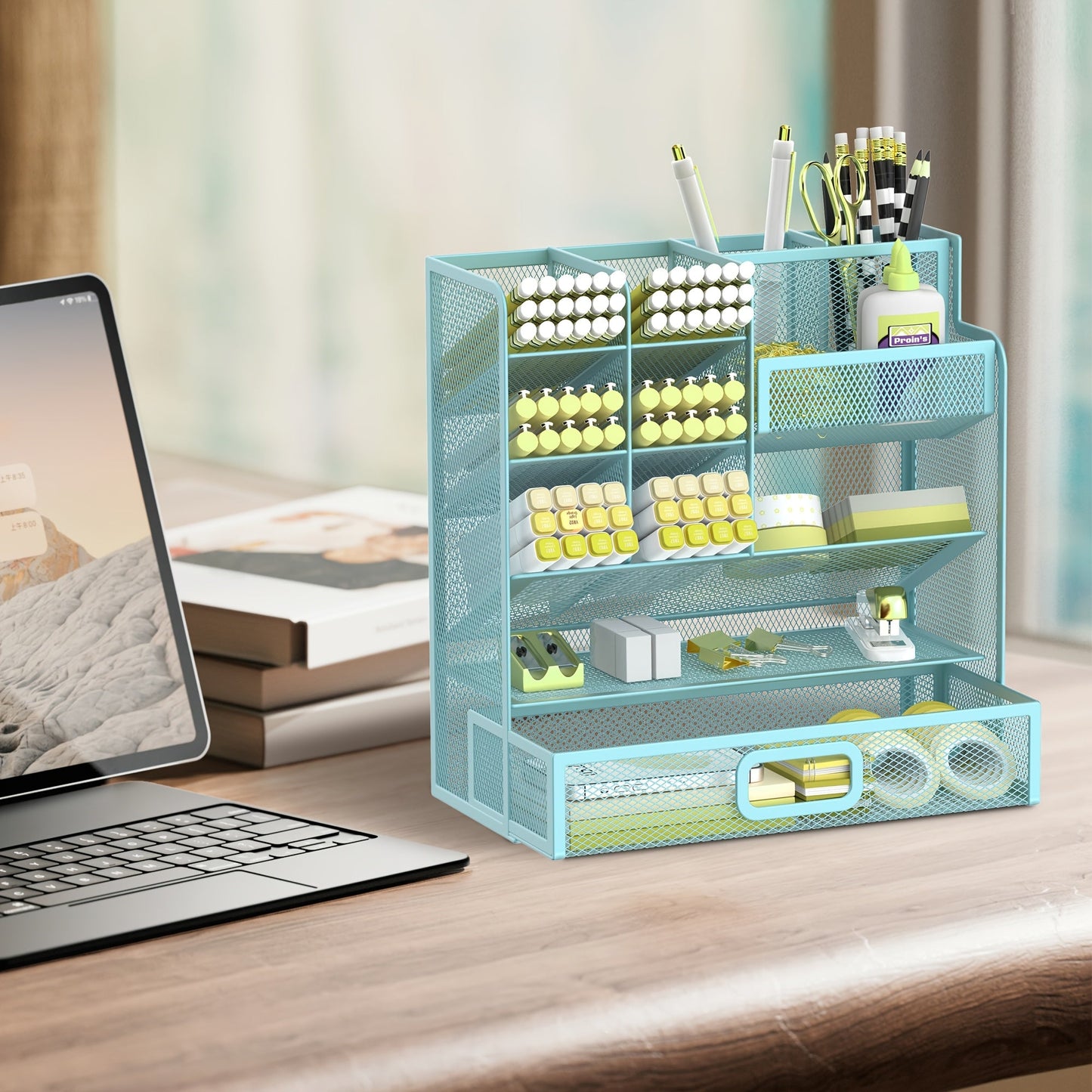 Mesh Desk Organizer with Drawer & Pen Holder – Pencil Cup Storage for Office, School & Art Studio, Breathable Mesh Design, Available in Black, Yellow & Blue