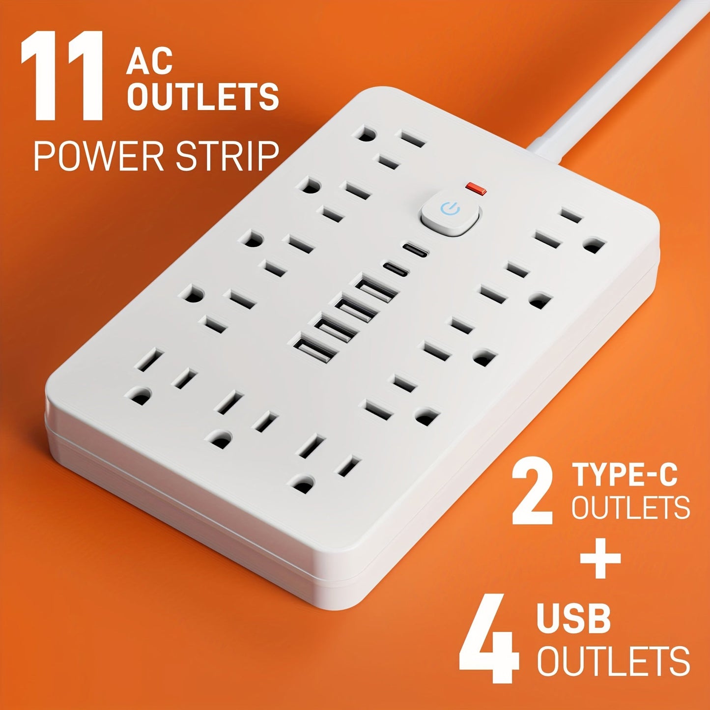 17-in-1 Power Strip Surge Protector with 11 AC Outlets 4 USB Ports 2 USB-C Ports Flat Plug Design Space-Saving Extension Cord for Home Office Desk Kitchen 5ft 10ft Cord