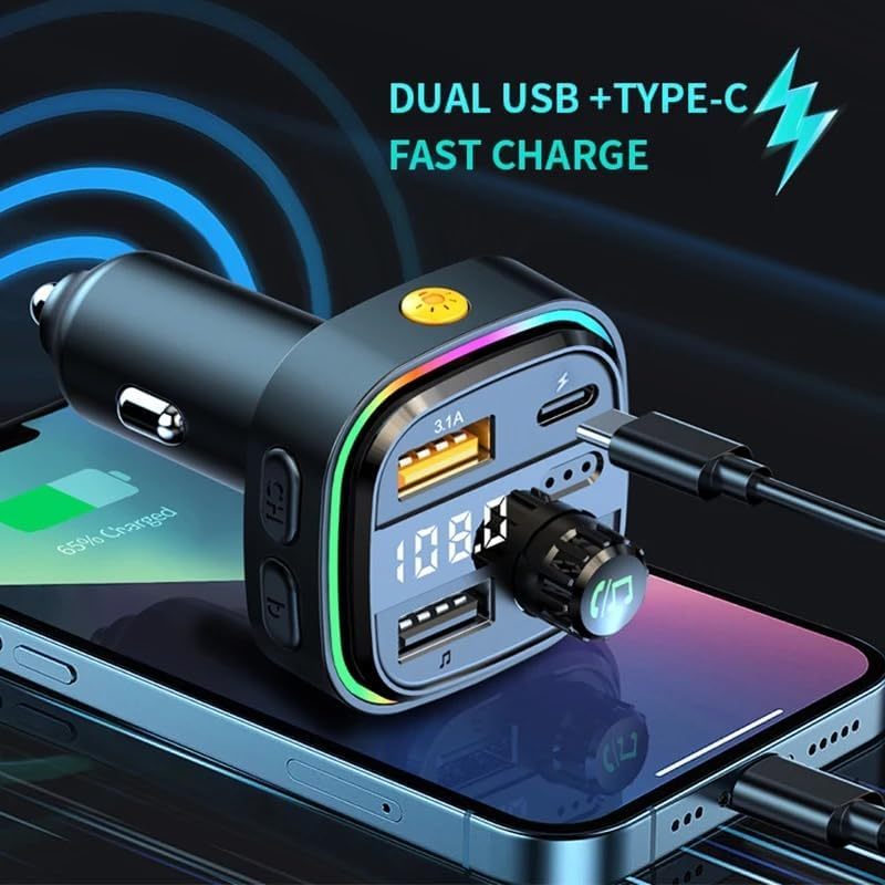 Bluetooth FM Transmitter for Car – BT 5.0, 48W QC3.0 & PD Fast Charge, Dual Microphone, 360° Bass, 2 USB + 1 USB-C Ports, Supports U Disk & AUX, Car Stereo Adapter – Black