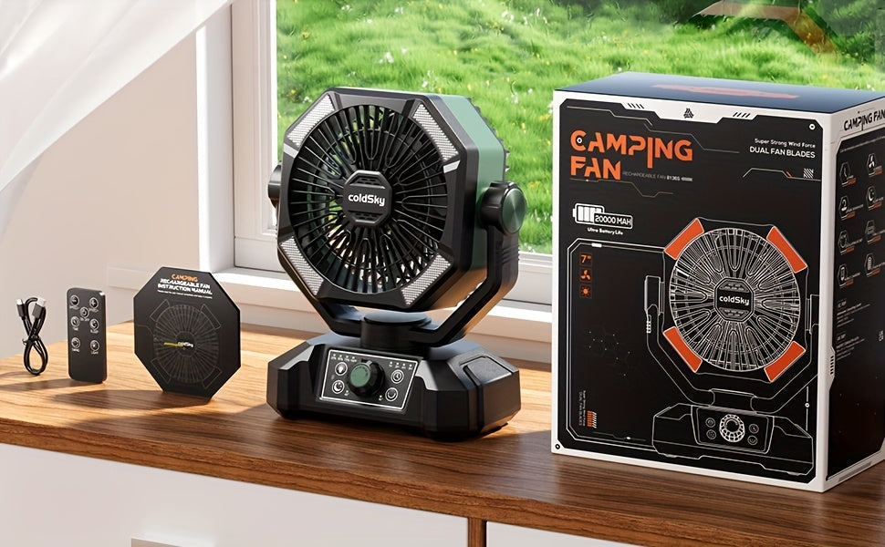 20000mAh Camping Fan with Dual Motor – Battery Operated Portable Fan with 4 LED Lantern Modes, 8 Speeds & Remote Control, Hanging Hook for Tent, Power Outages & Jobsite Use