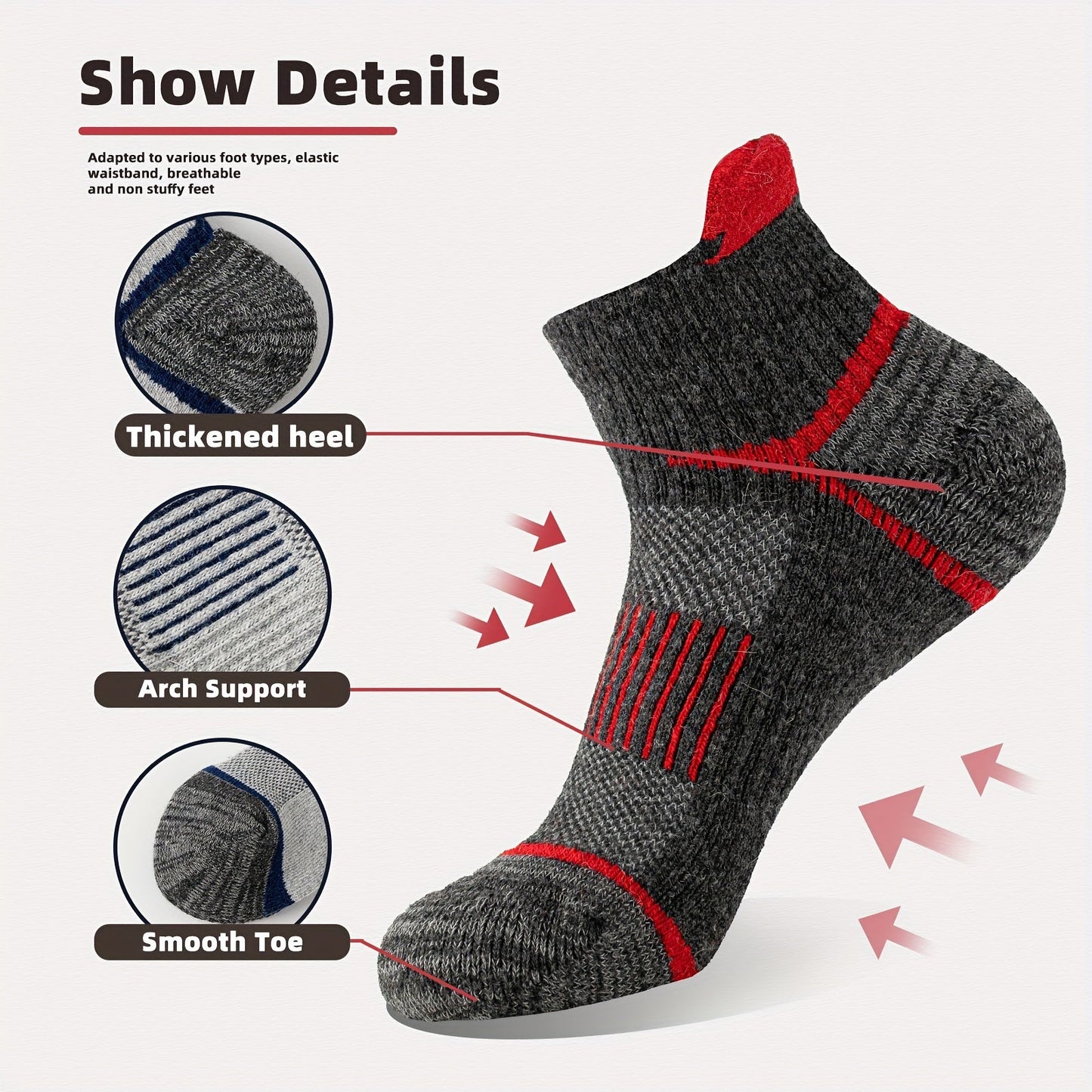 6 Pairs Merino Wool Hiking Socks for Men & Women, Cushioned Ankle Running Work Socks with Compression Support, Sweat-Absorbing Breathable Low Cut Invisible Design – Great Gift Idea