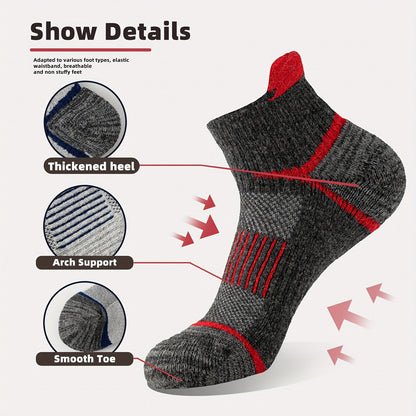 6 Pairs Merino Wool Hiking Socks for Men & Women, Cushioned Ankle Running Work Socks with Compression Support, Sweat-Absorbing Breathable Low Cut Invisible Design – Great Gift Idea