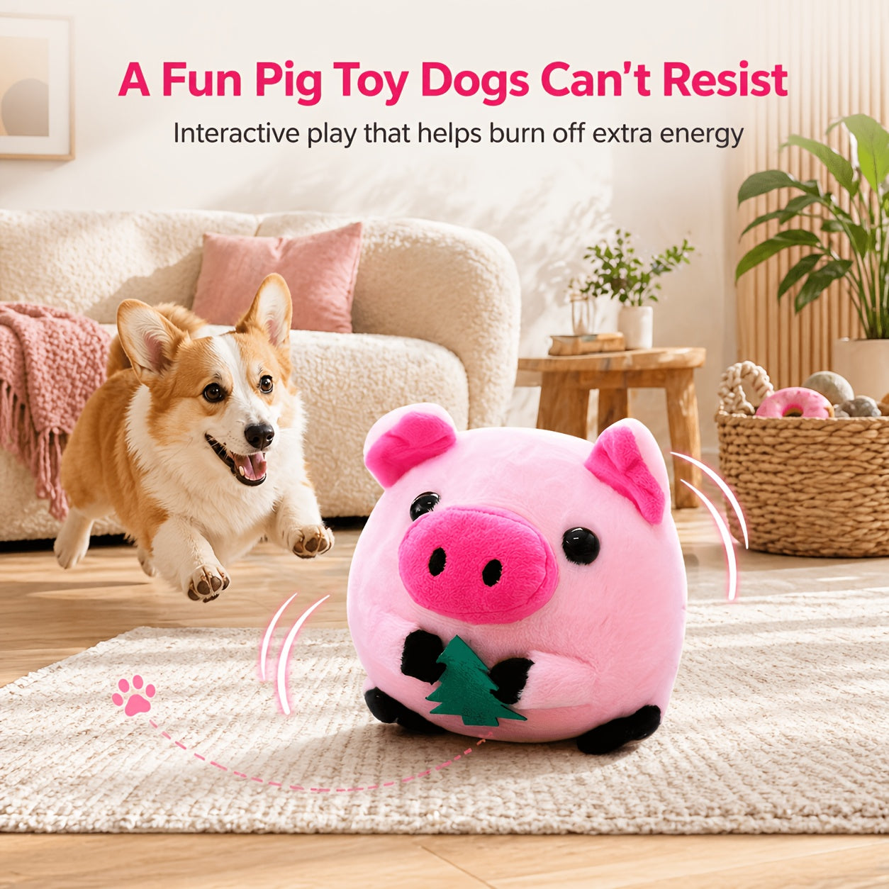 USB Rechargeable Bouncing Dog Toy – Motion Sensor Electronic Ball with Pig Sound & Voice Recording, Washable Interactive Fetch Toy for Small Dogs & Puppies