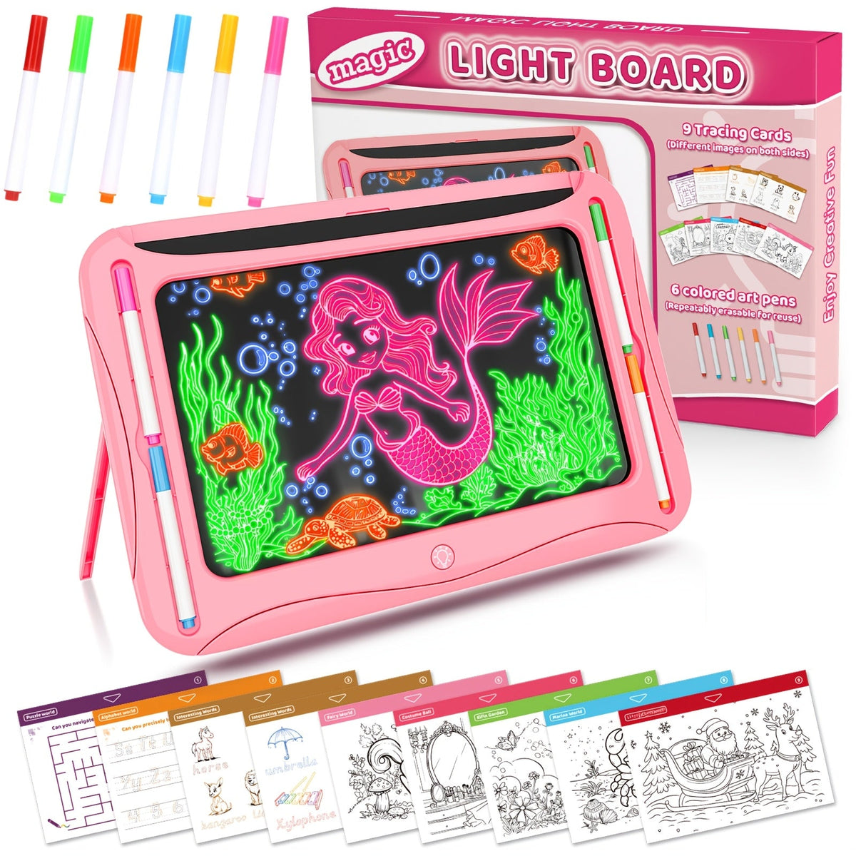 LED Light-Up Drawing Doodle Board for Kids Ages 3-8 – Glow Writing Art Set with 9 Double-Sided Cards & 6 Markers, Educational Learning Travel Toy, Birthday & Christmas Gift for Girls Boys