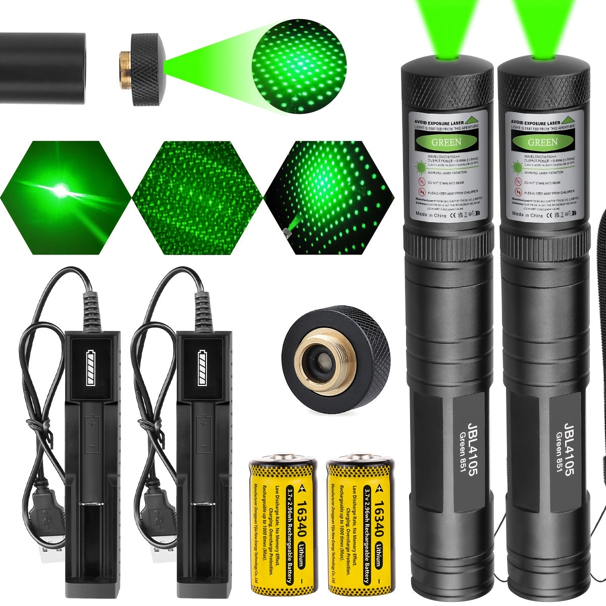 High Power Green Laser Tactical Flashlight Rechargeable with Star Cap & 16340 Battery – 200M Range Green Beam Pointer for Astronomy, Presentations, Construction & Outdoor Adventures (1 or 2 Set)