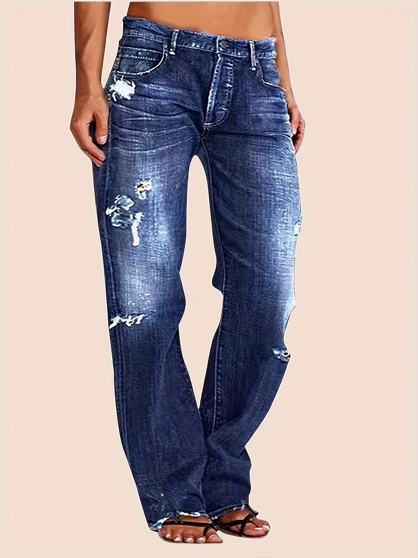 Women's Ripped Flare Wide Leg Jeans – Distressed Stretch Denim, Fashion Streetwear Casual Pants, Light Blue & Dark Blue, Sizes XS-XXL