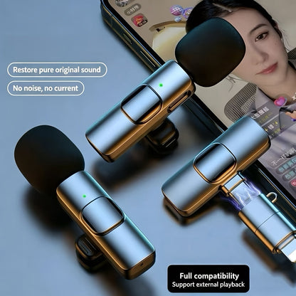Wireless Lavalier Microphone 2-Pack Set with Receiver & Adapter – Clip-On Lapel Mic for iPhone, Type-C & Android, Noise Cancelling for Vlogging, Interviews, Teaching & Video Recording