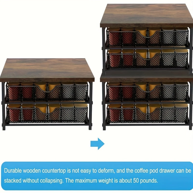 K-Cup Coffee Pod Holder Counter Storage Drawer Organizer for Keurig Nespresso Capsules Sliding Basket Double Layer 48 Pod Capacity Kitchen Countertop Coffee Station Brown