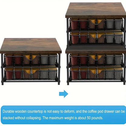 K-Cup Coffee Pod Holder Counter Storage Drawer Organizer for Keurig Nespresso Capsules Sliding Basket Double Layer 48 Pod Capacity Kitchen Countertop Coffee Station Brown