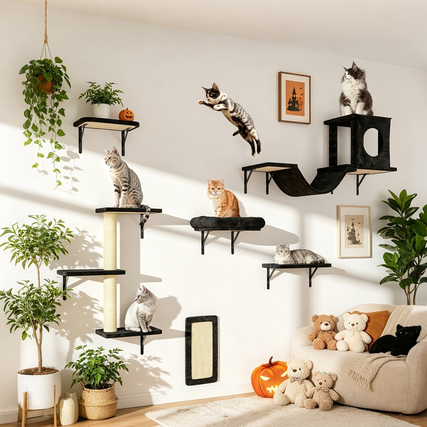 7-Piece Wall Mounted Cat Climbing Shelf Set – Deluxe Indoor Cat Furniture with Cat Condo, Wall Shelves, Scratching Post, Bridge Ladder & Tunnel, Space-Saving Cat Wall Playground for All Cat Sizes