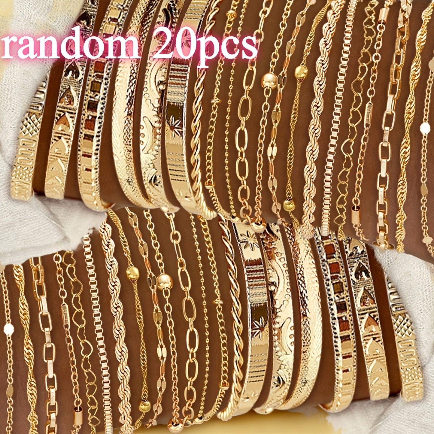 Women's KC Gold Plated Bracelet Set 7 or 20pcs Random Assorted Stackable Elegant Charm Bracelets for Daily Wear & Gifting