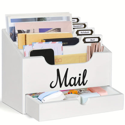 Large Solid Wood Desktop Mail Organizer with Drawer and 4 Compartments Labelable Dividers for Files Letters Paper Folders Desk Organizer for Home Office Students and Professionals