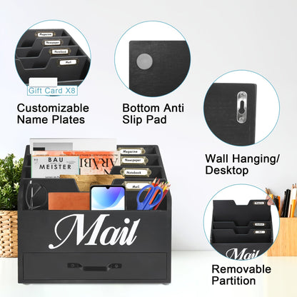 Large Solid Wood Desktop Mail Organizer with Drawer and 4 Compartments Labelable Dividers for Files Letters Paper Folders Desk Organizer for Home Office Students and Professionals